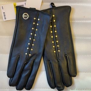 Michael Kors Black Leather Gold Studded Touch Tip Gloves Gift Box NEW
